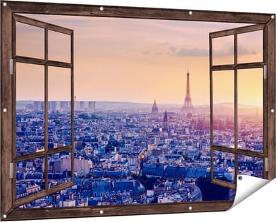 Gards Tuinposter Doorkijk Skyline van Parijs tijdens Zonsondergang - 150x100 cm - Tuindoek - Tuindecoratie - Wanddecoratie buiten - Tuinschilderij