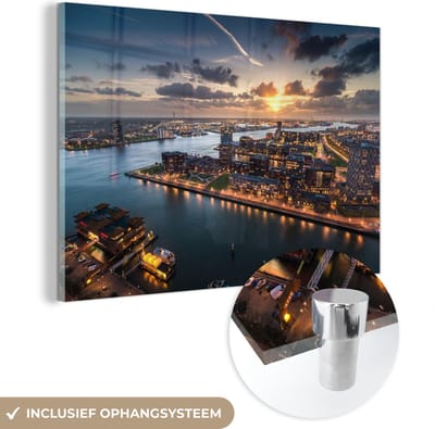 MuchoWow® Glasschilderij 60x40 cm - Schilderij acrylglas - Rotterdam - Water - Licht - Foto op glas - Schilderijen
