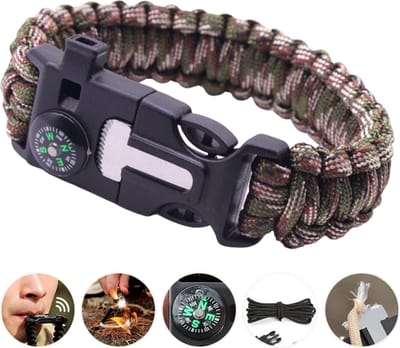 Outdoor survival Armband Legergroen Camouflage - 5 in 1 met Vuursteen (magnesium stick), Paracord, Kompas, Noodfluit en Schraper