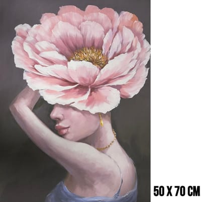 Allernieuwste.nl® Canvas Schilderij Vrouw met Roze Bloem en Gouden Sieraden – 60 x 80 cm – Moderne Muurdecoratie – Wanddecoratie