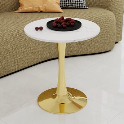 MODENUIT Ronde Bijzettafel - Tafelblad Met Marmerlook - Voor Woonkamer En Eethoek - Kunstmarmer - Goudwit