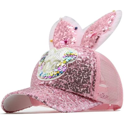 Cartoon Baseballpet met Lange Oren Zomer Nieuw Item Kinderen Mesh Pet Kralenstuk Meisjes Zonnehoed 50-54cm roze