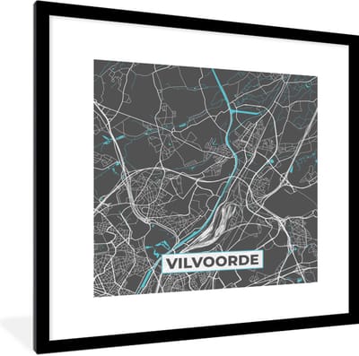 Fotolijst incl. Poster - Stadskaart – Grijs - Kaart – Vilvoorde – België – Plattegrond - 40x40 cm - Posterlijst