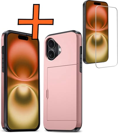 Hoesje Geschikt voor iPhone 16 Hoesje Pasjeshouder Shockproof Hard Case Met Screenprotector - Hoesje Geschikt voor iPhone 16 Hoes Met Kaarthouder - Rosé goud
