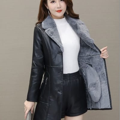 Veste d'hiver en cuir pour femmes avec polaire moyenne à longue, coupe slim et style PU tendance 4XL grise
