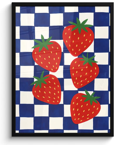 Poster in lijst - Fotolijst 50x70 cm - Posters - Geblokt - Blauw - Aardbeien - Posterlijst zwart - Decoratie - Wanddecoratie woonkamer - Muurdecoratie slaapkamer