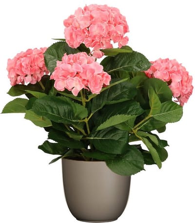 Hortensia kunstplant/kunstbloemen 45 cm - roze - in pot taupe mat - Kunst kamerplant