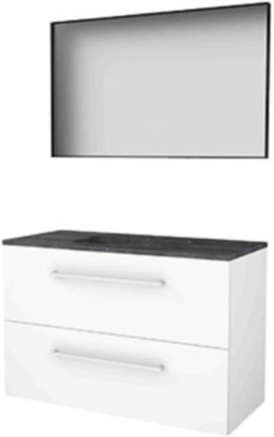 Basic-Line Framed 46 Badkamermeubelset - 100 x 46 cm - Met Grepen - 2 Lades - Hardstenen Wastafel - 1 Kraangat - Spiegel met Zwart Aluminium Frame - Ice White