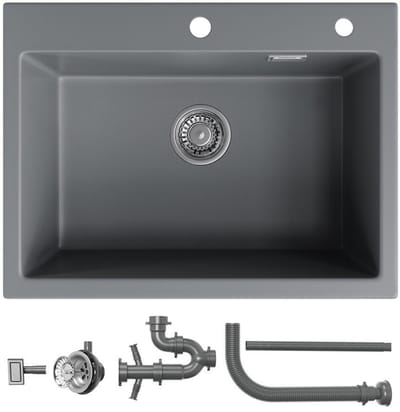 HOROW Spoelbak Keuken Graniet Grijs 60×45 cm - Gootsteen - Keukenspoelbak - Opbouw Wasbak Keuken- Overloop en Sifon
