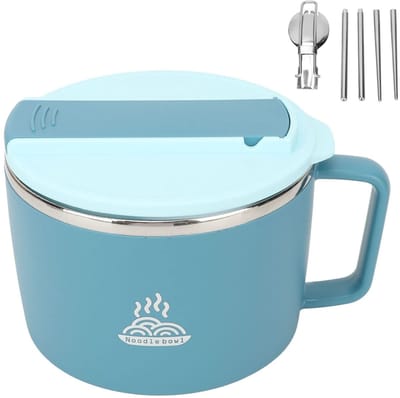 Dailygoods- Noedelkom 1200ml - Magnetron - Draagbaar - Spork - Eetstokjes - Roestvrij staal - Handvat - Soepkom