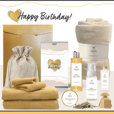 Geschenkset “Happy Birthday!” - 11 producten - 1660 gram | Triomf Original - Giftset voor haar Cadeau Valentijnsdag Luxe wellness cadeaubox Vrouw Ik hou van jou Cadeaupakket Kerst Geschenk Moeder Verjaardag Gift Set Valentijn Vriendin Geel Crème