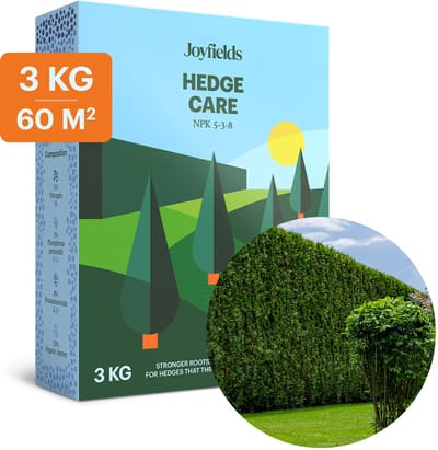 Joyfields Hedge Care - Organische meststof Taxus, Hagen & Coniferen - 3 kg voor 60 m² - 120 dagen voeding - 100% organisch - Versterkt de wortels - Voor een diepgroene kleur