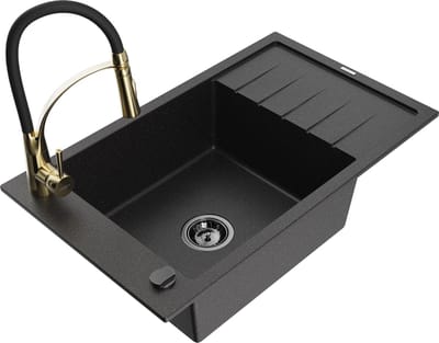 Mexen Elias granieten gootsteen 1-kamer met afdruiprek en keukenmengkraan Aster, zwart/zilver metallic - 6511-73-73450-57-B