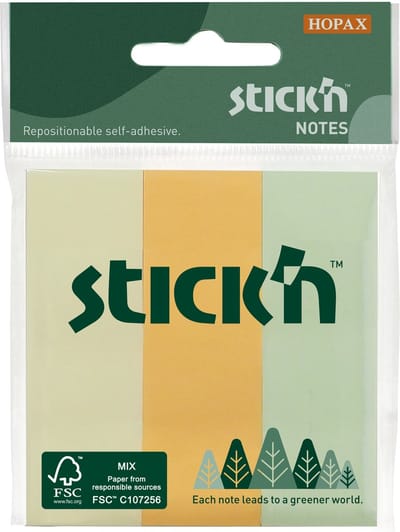 Stick'n FSC Sticky Notes - Smalle Stroken - Pastel Geel/Oranje/Groen - 76x25mm - 150 memoblaadjes
