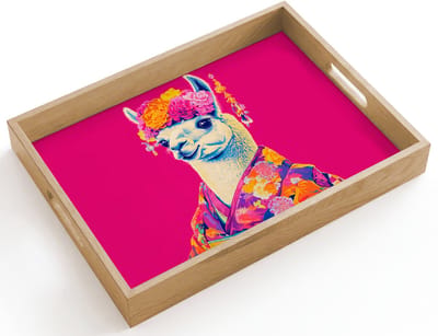 Dienblad hout 40x30 cm - Schootdienblad - Lama - Kimono - Bloemenkrans - Felroze - Borrelplank rechthoek - Plateau dienbladen