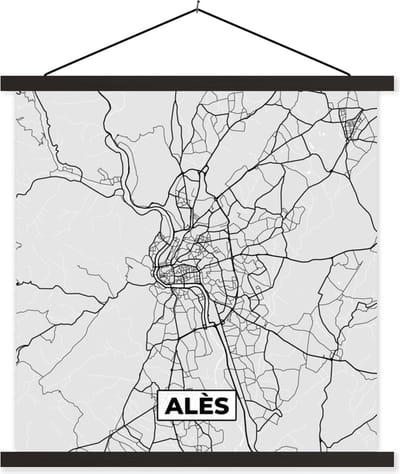 Posterhanger incl. Poster 60x60 cm - Schoolplaat - Kaart – Stadskaart - Alès - Plattegrond – Frankrijk - Textielposter - Zwarte latten - Stadskaart