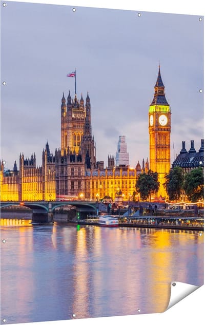 Gards Tuinposter London Big Ben en Westminster Brug - 120x160 cm - Tuindoek - Tuindecoratie - Wanddecoratie buiten - Tuinschilderij