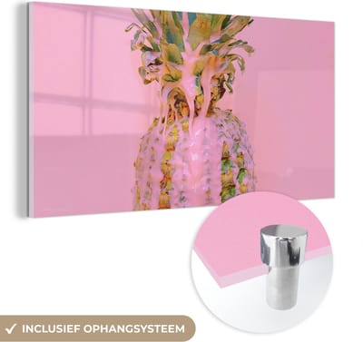 MuchoWow® Glasschilderij 40x20 cm - Schilderij acrylglas - Verf - Ananas - Roze - Zomer - Foto op glas - Schilderijen
