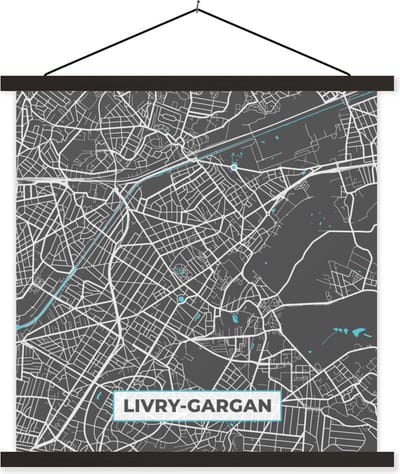 Posterhanger incl. Poster 60x60 cm - Schoolplaat - Livry-Gargan - Frankrijk - Plattegrond - Kaart - Stadskaart - Textielposter - Zwarte latten - Stadskaart