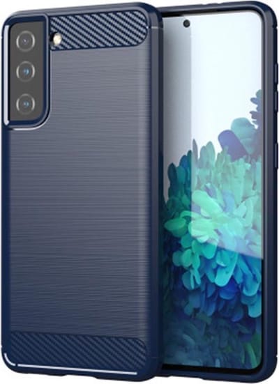 MobyDefend Hoesje - Geschikt voor Samsung Galaxy S21 - TPU Backcover - Geborstelde Metaal & Carbon-Look - Navy blauw