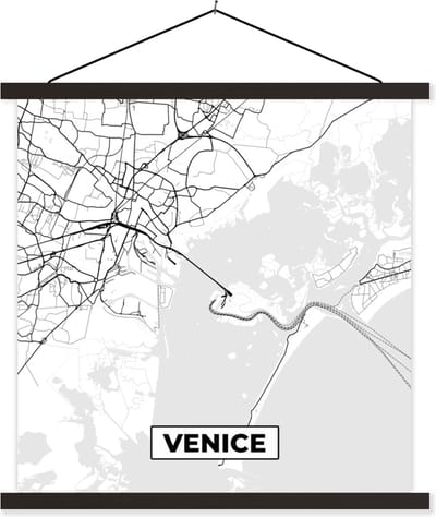 Posterhanger incl. Poster 60x60 cm - Schoolplaat - Venetië - Stadskaart - Plattegrond - Zwart Wit - Kaart - Textielposter - Zwarte latten - Stadskaart