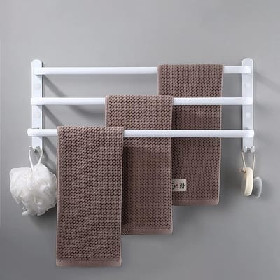 Wandgemonteerde handdoekenrek met 3 niveaus en haken van ruimte-aluminium voor badkamer en keuken, roestvrij en duurzaam, 50CM lengte