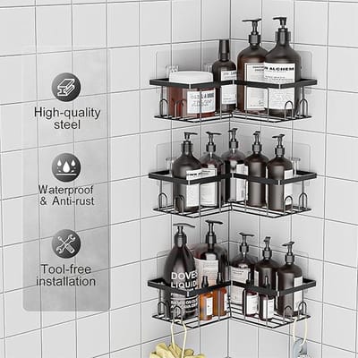 Doucheplank Zonder Boren, 3 Stuks Hoekdouche Caddy Zwart, Zelfklevend Hoekrek Badkamer Opslag, Douchemand