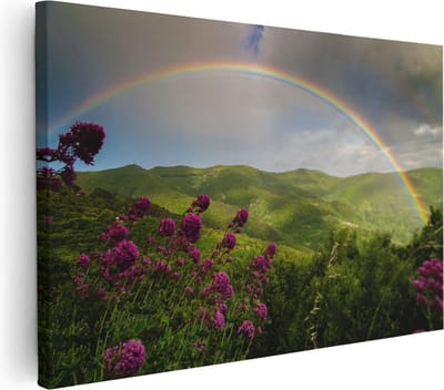 Artaza Canvas Schilderij Landschap - 30x20 cm - Klein - Wanddecoratie Regenboog - Muurdecoratie Bergen - Kamer Accessoires Bloemen