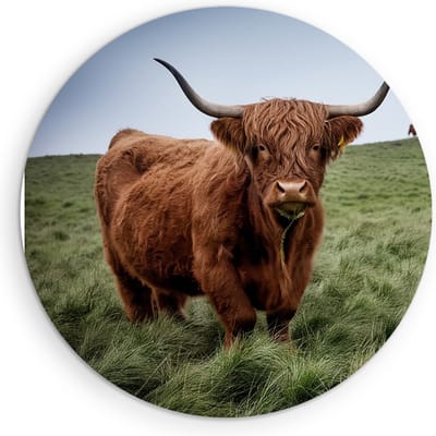 Saammp Muurcirkel Hout - Schotse Hooglander Koe Familie in het gras - Dieren - Natuur - Ø 90 - Wandcirkel - Wanddecoratie Cirkel - muurdecoratie Woonkamer - Slaapkamer decoratie - Rond Schilderij