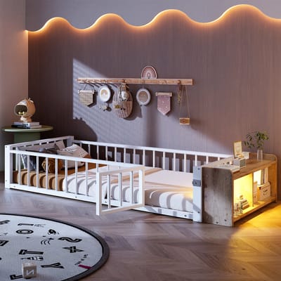 Vlakbed, metalen bed, 90 x 200 cm, metalen bedframe, ijzeren bed, kinderbed, met veiligheidshek, zonder matras, opbergvakken, led-stripverlichting, wit