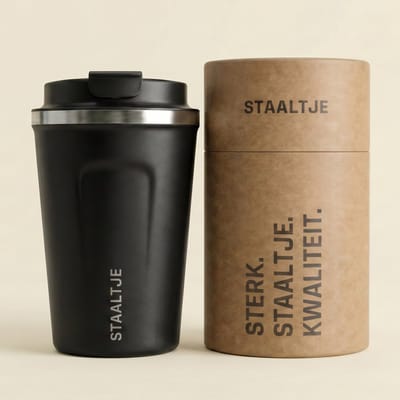 STAALTJE® - Premium RVS Thermosbeker - 380ML - Zwart - Koffiebeker - Theebeker - Reisbeker - Herbruikbaar - Hergebruik - Dubbelwandig 304 Roestvrijstaal - Duurzaam