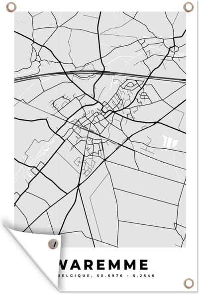 Muurdecoratie Stadskaart – Zwart Wit - Kaart – Waremme – België – Plattegrond - 120x180 cm - Tuinposter - Tuindoek