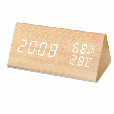 Ynkkvre - Digitale Wekker met Temperatuur en Vochtigheid - Houtlook Klok - Klapfunctie - USB Voeding - 3 Alarmen - Voor Nachtskastje en Kantoor - Modern Design - Geel