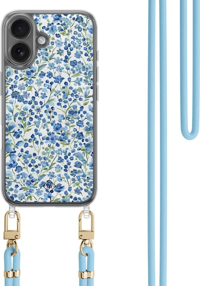 Casimoda® hoesje met koord - Geschikt voor iPhone 16 - Vintage Blue Floral - Afneembaar koord - TPU/polycarbonaat - Blauw