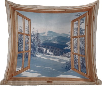 Sierkussen Buiten - Doorkijk - Winterlandschap - Natuur - Berg - Bomen - Hout - 60x60 cm - Weerbestendig
