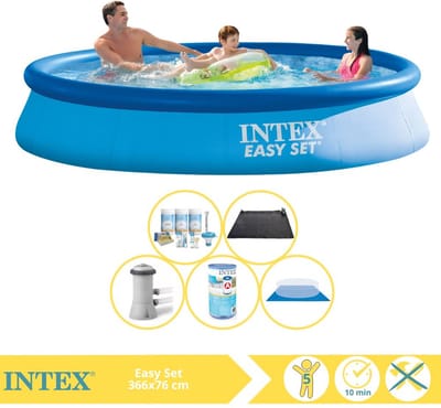 Intex Rond Opblaasbaar Easy Set Zwembad - 366 x 76 cm - Blauw - Inclusief Pomp - Onderhoudspakket - Filter - Grondzeil - Solar Mat - 6-delig