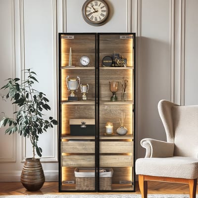 Badkamerkast Met LED Verlichting - Opbergkast Met Glazen Deuren En Laden - Badkamermeubel Naturel - 74 Cm