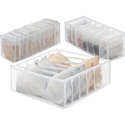 Ensemble de 3 organisateurs de placard pliables de tailles multiples en nylon pour lingerie, chaussettes et cravates, solution de rangement durable, organisateur de vêtements blanc