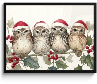 Poster in lijst - Fotolijst 80x60 cm - Posters - Uilen - Tak - Hulstblaadjes - Kerstmuts - Posterlijst zwart - Decoratie - Wanddecoratie woonkamer - Muurdecoratie slaapkamer - Kerstversiering - Kerstdecoratie voor binnen - Kerstmis