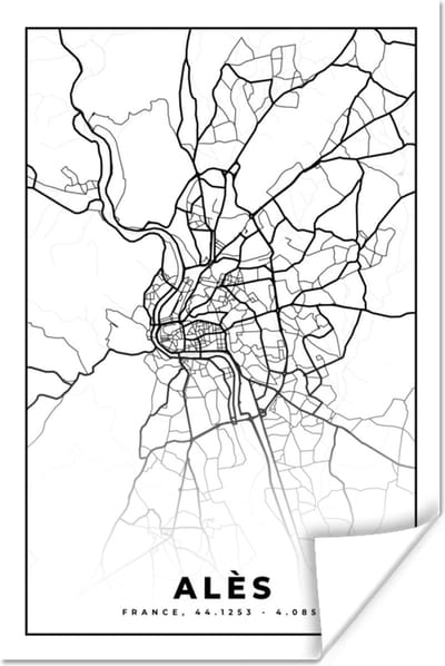 Poster Alès - Kaart – Plattegrond – Frankrijk – Stadskaart - Zwart wit - 120x180 cm XXL