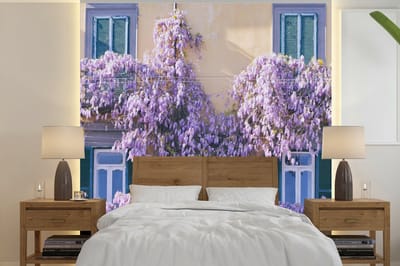 Behang - Fotobehang Blauwe regen vol met bloemen - Breedte 300 cm x hoogte 300 cm