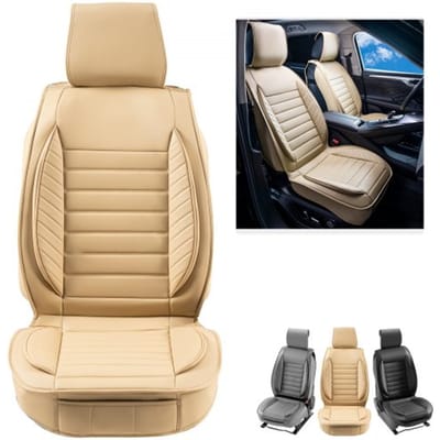 VEVOR Stoelhoezen, Universele Autostoelhoezen Voorstoelen, 2 Stuks Kunstlederen Stoelhoezen, Semi-Gesloten Ontwerp, Verwijderbare Hoofdsteun en Compatibel met Airbag, voor de Meeste Auto's, SUV's en Vrachtwagens Beige