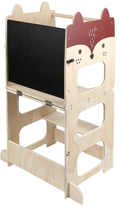 VIEMAE Leertoren - Montessori leertoren 3-in-1 - Inklapbaar naar tafel met stoel - Inclusief krijtbord - Print met vos - Hout