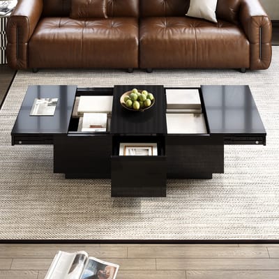MODFU Salontafel - Met Schuifvakken En Laden - Modern - Voor Woonkamer - Spaanplaat En MDF - Zwart - 100 x 31 x 50 cm