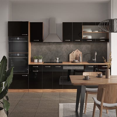 Vicco R-Line Complete keukeneenheid – 300 cm met hoge kast, WB Eik Eiken hoogglans zwart/goud