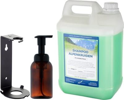 Zeepdispenser 300 ml amber bruin hervulbaar + 5 liter Shampoo Alpenkruiden navulling (inclusief beugel)