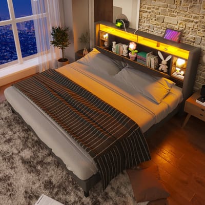 VVBV Gestoffeerd Opbergbed 140x200 cm - LED-Verlichting, USB-C Laadstation, Lades - Hout/Massief Hout Grijs Zonder Matras