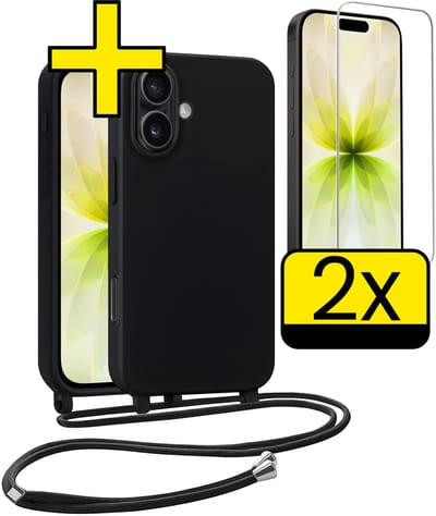 Hoesje Geschikt voor iPhone 17 Hoesje Met Koord Met 2x Screenprotector Siliconen Case - Hoes Geschikt voor iPhone 17 Backcover Met Afneembaar Koord - Zwart