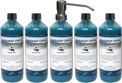 Handzeep Crème Eucalyptus 500 ml - set van 5 stuks - met gratis RVS zilverkleurige pomp - Voordeelverpakking