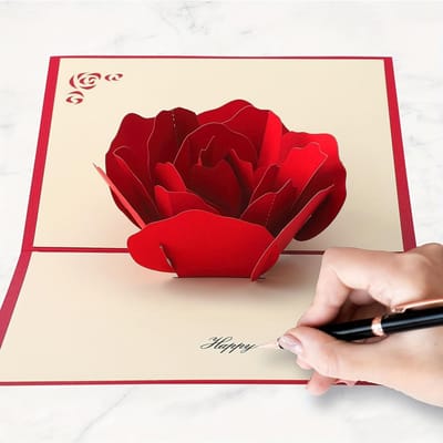 Carte Rose Pop-Up 3D Joyeux Anniversaire avec Enveloppe - Vœux pour Hommes, Femmes, Jeunes - Parfait pour Anniversaires, Fête des Mères, Mariages red
